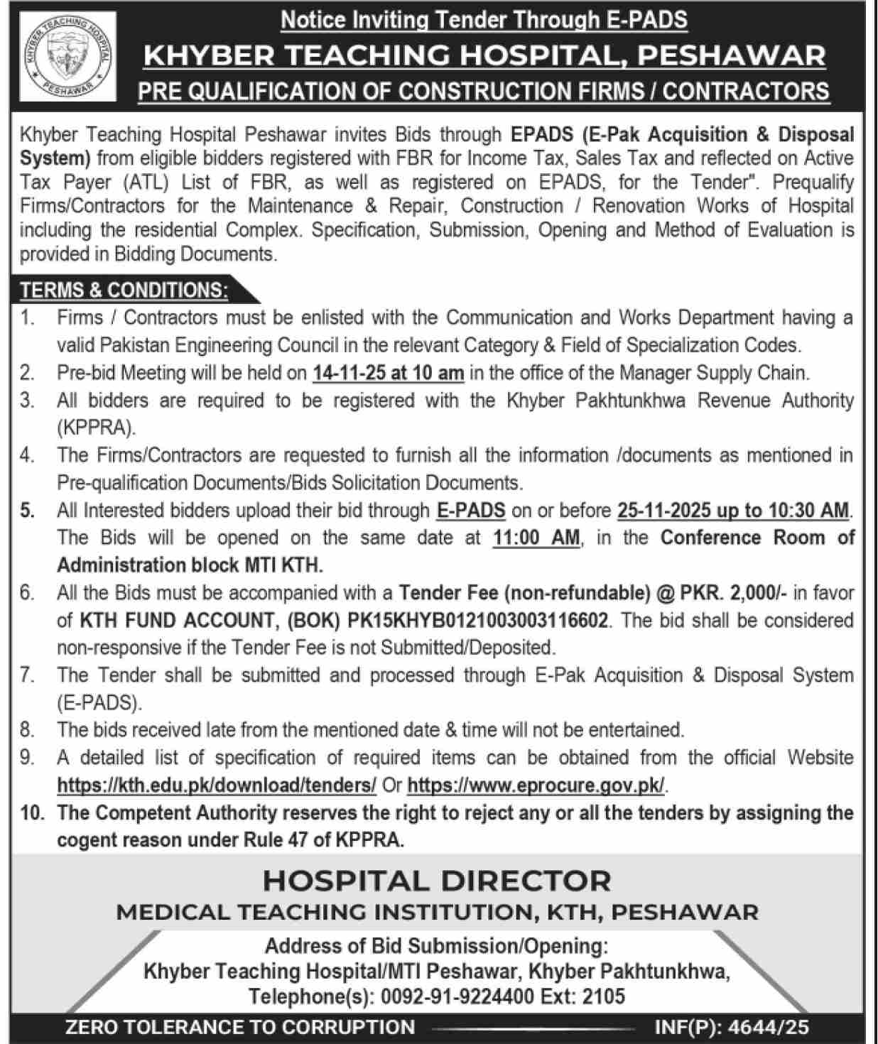Khyber Teaching Hospital Peshawar Tender Notice